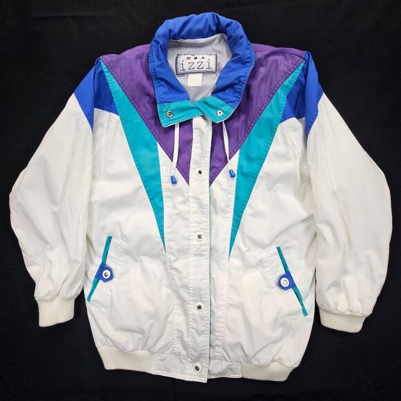 Izzi Women's Colorblock Windbreaker Jacket White Purple Teal Blue M - Picture 1 of 12